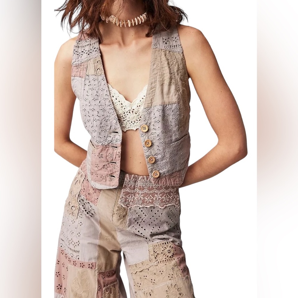 NWT Free People Sweet & Salty vest suit set. Patchwork. Cutwork. Textured Size 8
